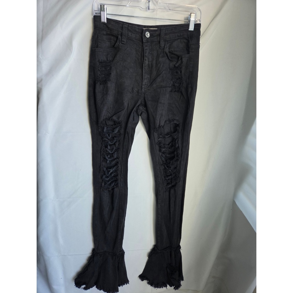 Aphrodite Womens High Rise Distressed Flare Jeans Black Shredded
